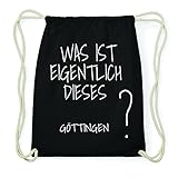 JOllify GÖTTINGEN Hipster Turnbeutel Tasche Rucksack aus Baumwolle - Farbe: schwarz - Design: was ist eigentlich - Farbe: schwarz