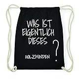JOllify HOLZMINDEN Hipster Turnbeutel Tasche Rucksack aus Baumwolle - Farbe: schwarz – Design: was ist eigentlich - Farbe: schwarz