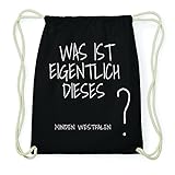 JOllify Minden Westfalen Hipster Turnbeutel Tasche Rucksack aus Baumwolle - Farbe: schwarz - Design: was ist eigentlich - Farbe: schwarz