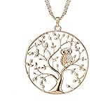 Lange Halskette für Frauen, Baum des Lebens mit Eule Anhänger Halskette für Mädchen Rose Gold und Silber Halskette mit CZ Crystal Kette Halskette (Vergoldet)